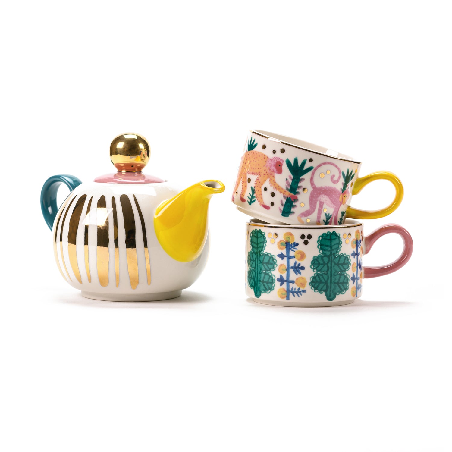 MONKEY BUSINESS - TEA FOR TWO CUP & TEA POT WITH GOLD ACCENT - SET OF 4
