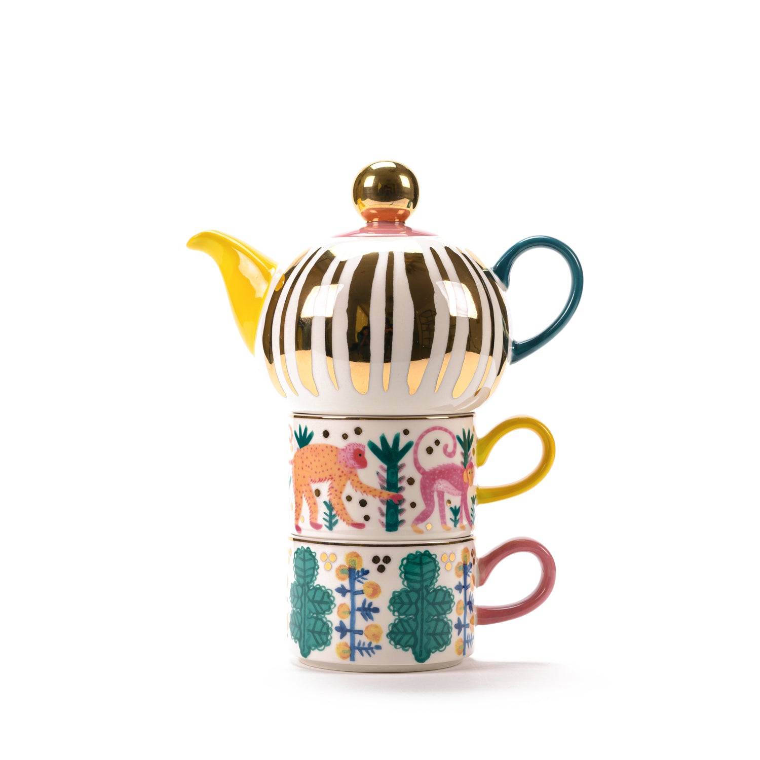 MONKEY BUSINESS - TEA FOR TWO CUP & TEA POT WITH GOLD ACCENT - SET OF 4