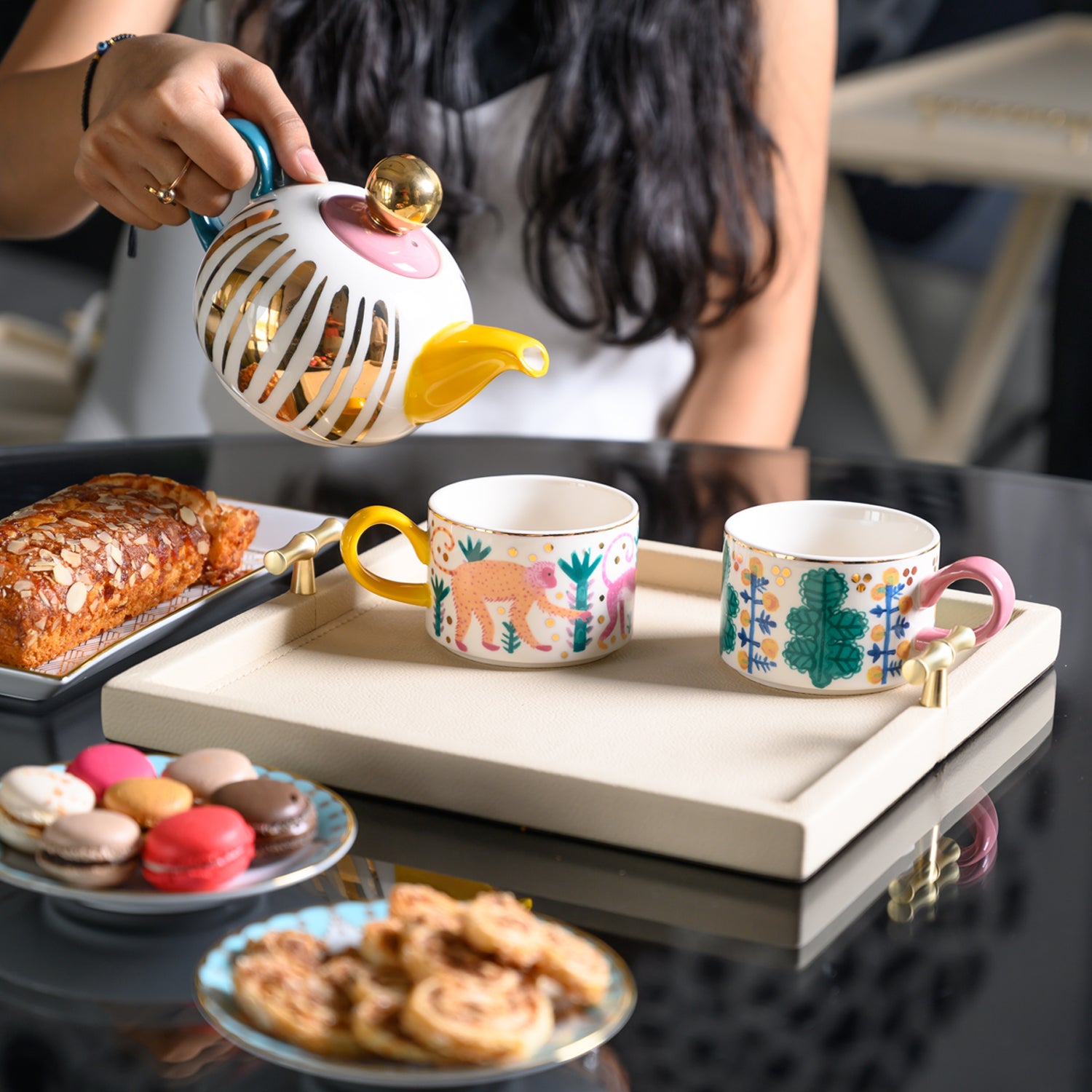 MONKEY BUSINESS - TEA FOR TWO CUP & TEA POT WITH GOLD ACCENT - SET OF 4
