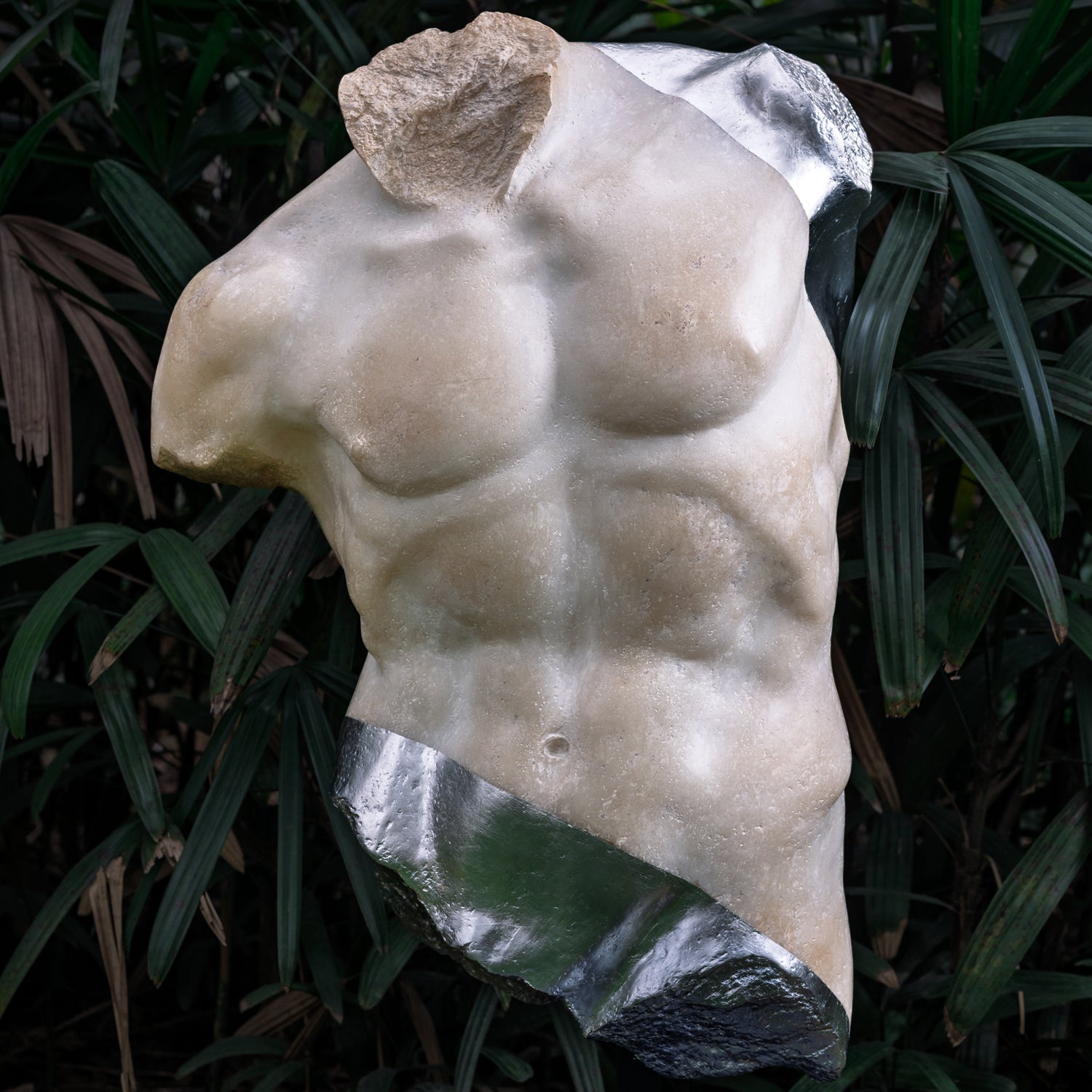 ANCIENT MALE TORSO SCULPTURE ON MARBLE BASE
