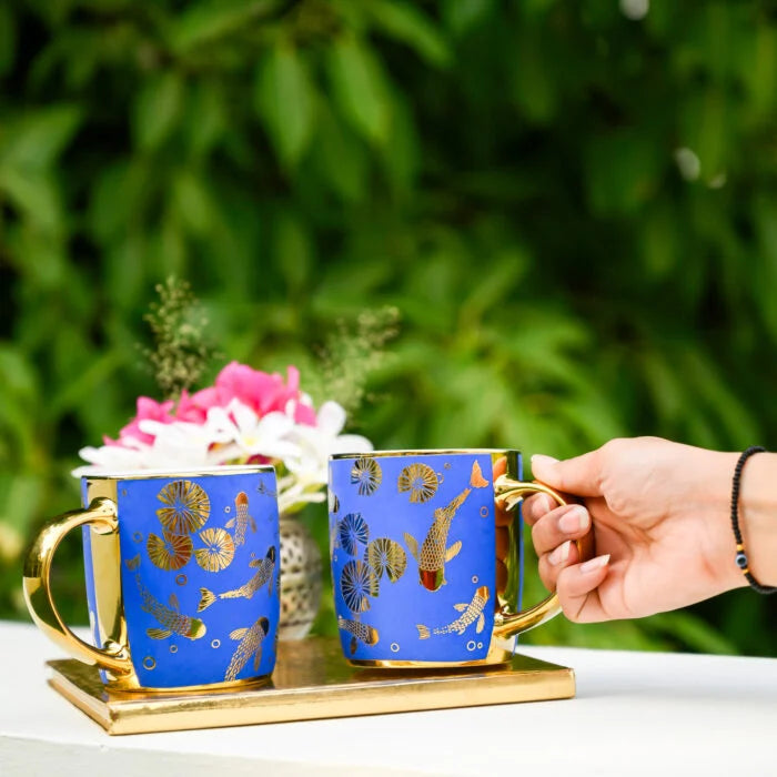 KOI – MUGS WITH GOLD ACCENT – SET OF 2 -SAPPHIRE – Arzaani Atelier