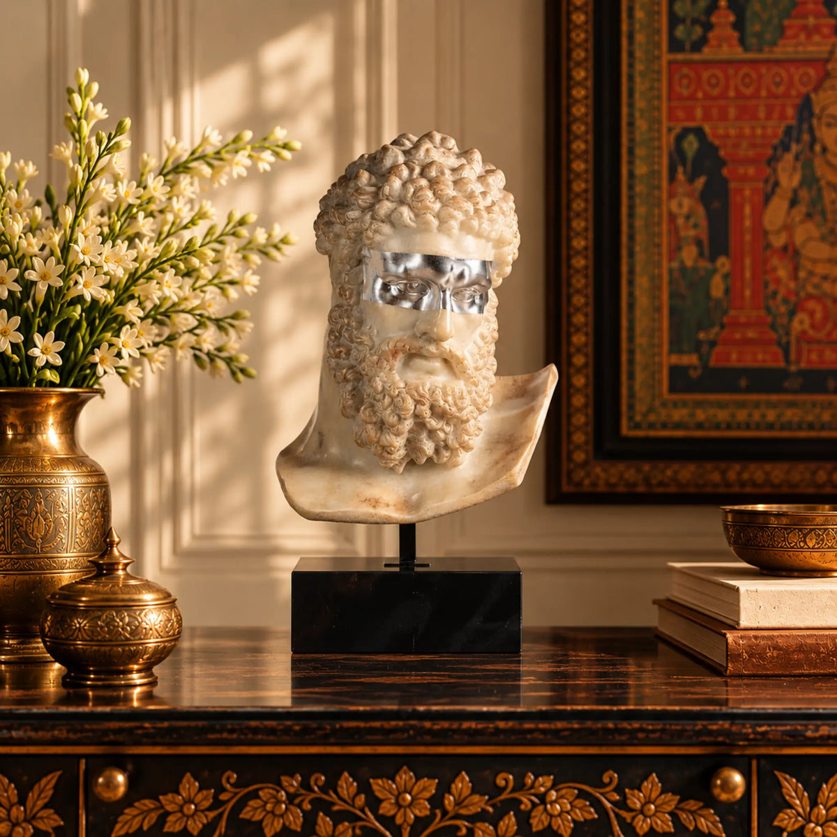 HERCULES BUST SCULPTURE LARGE ON MARBLE BASE