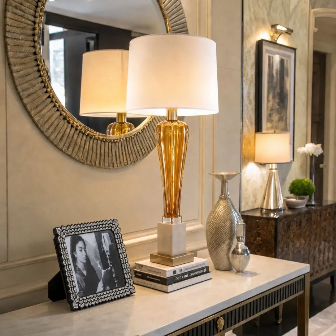 AXTON, GLASS & METAL TABLE LAMP - LINEN SHADE | NEW IN