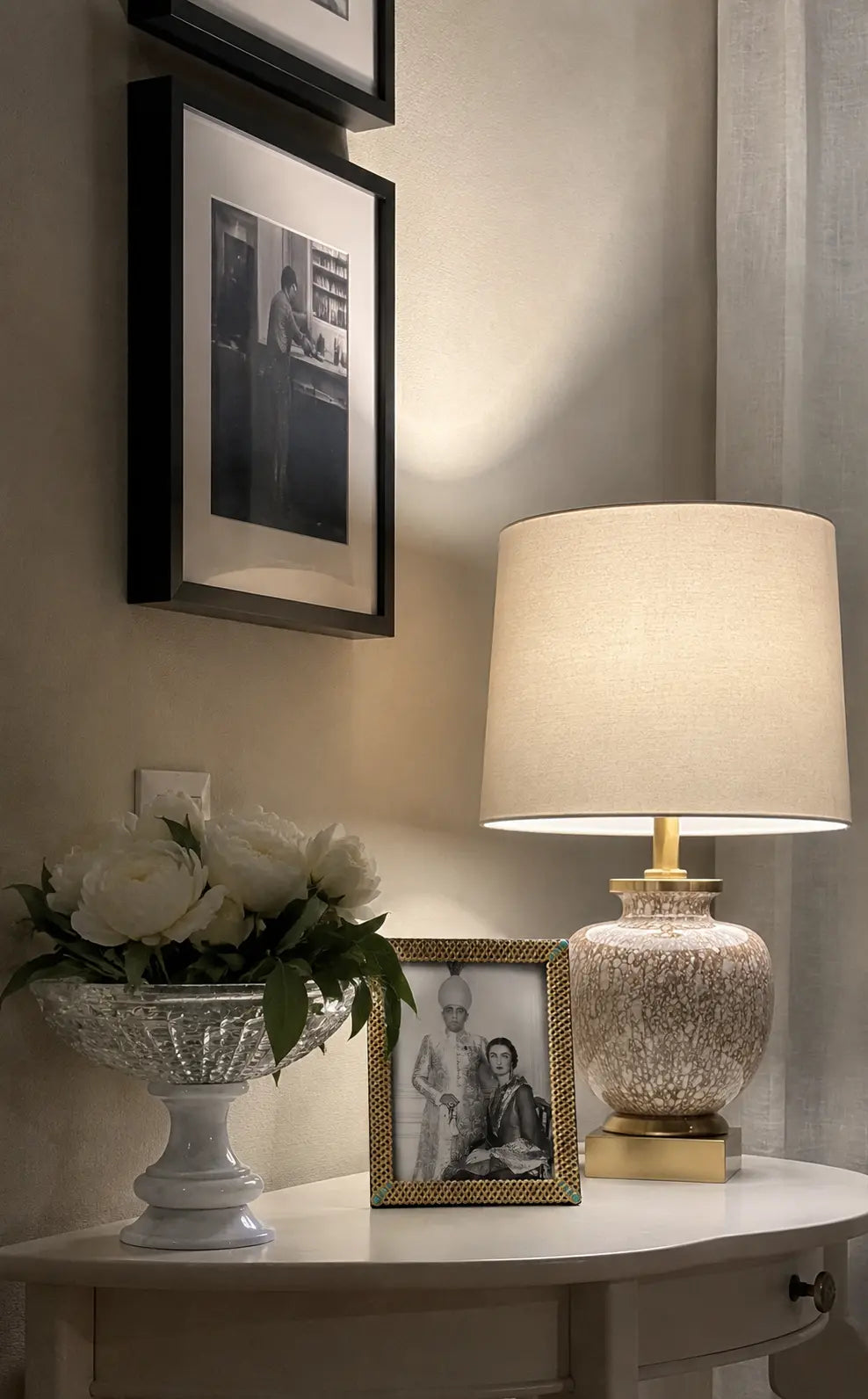 SELBORNE, GOLD OPAL GLASS TABLE LAMP - LINEN SHADE | NEW IN