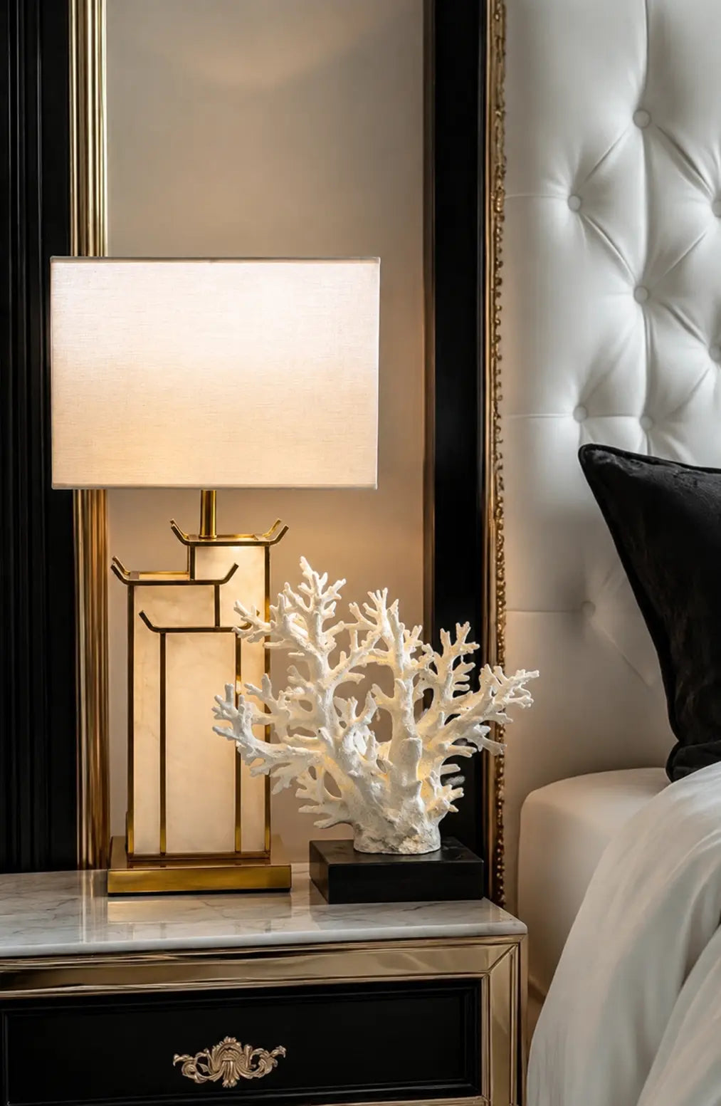 PAGODA, WHITE MARBLE WITH GOLD METAL - WHITE SHADE | NEW IN