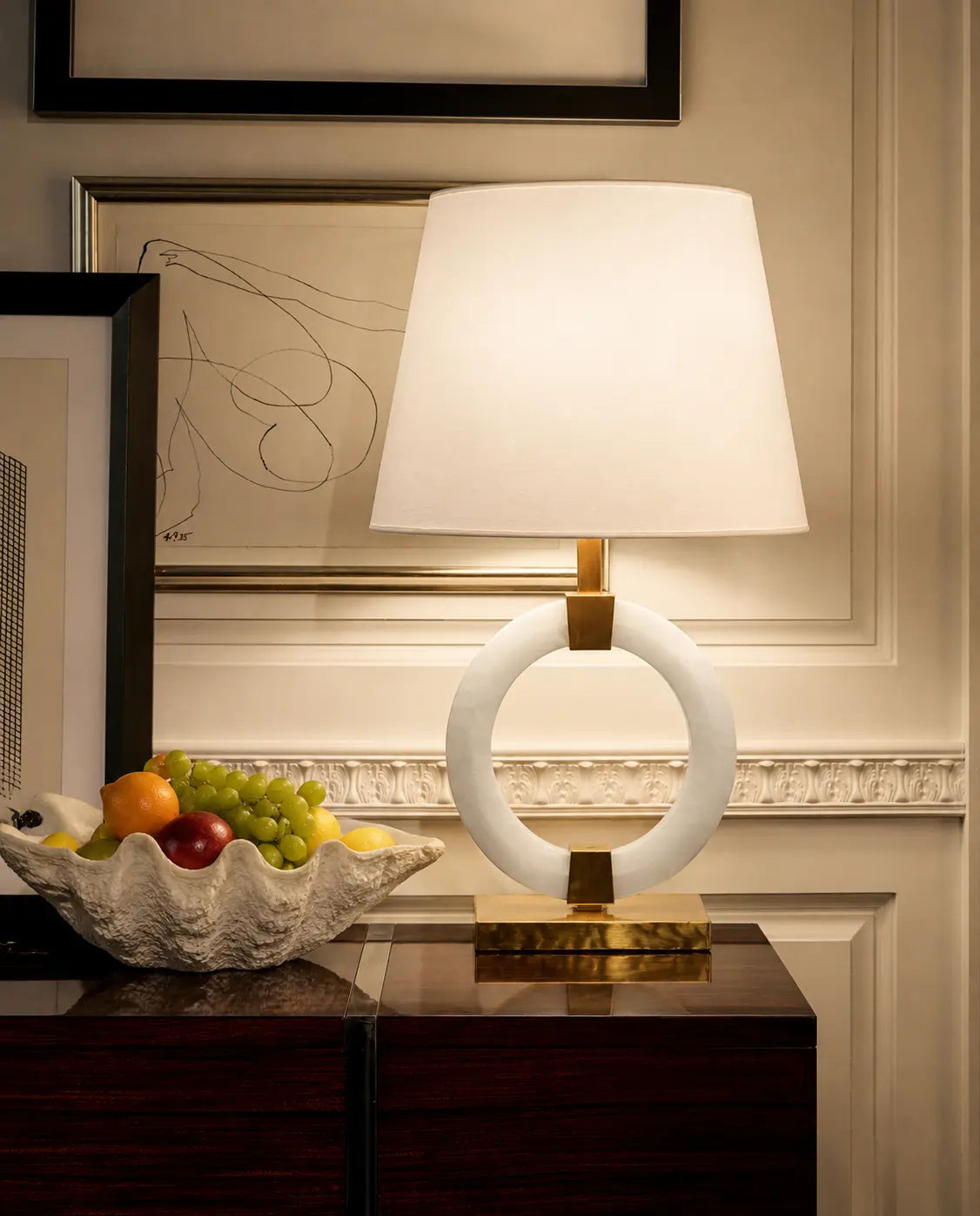 GEO GLOW, WHITE MARBLE WITH GOLD METAL TABLE LAMP - WHITE SHADE | NEW IN
