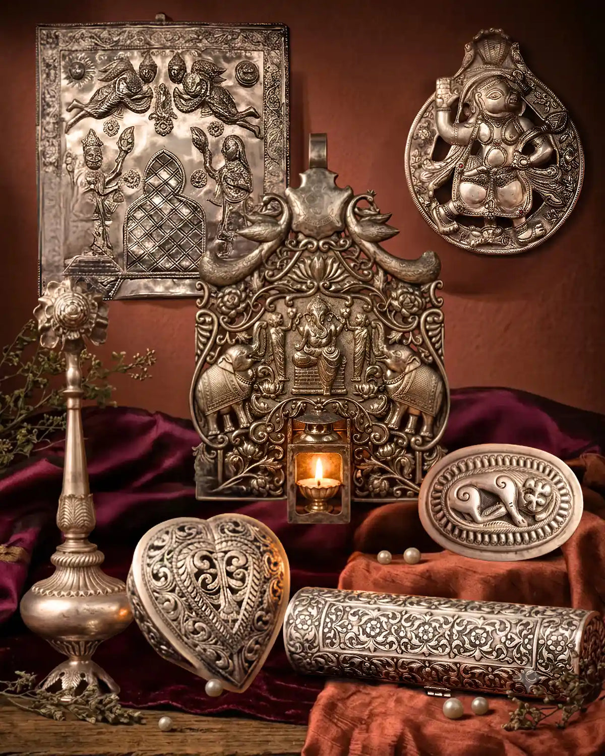 Arzaani
Silver Ganesha Wall Sconce  Silver Ritual Plate Silver Casket Silver Decorative Box Vintage Artifacts Indian artefacts
